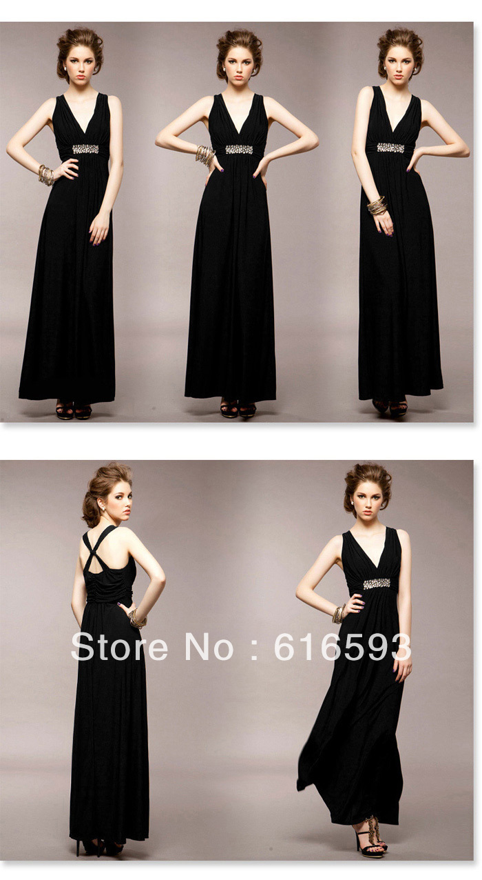 Free Shipping2F5353# Goddess Charming Deep V-neck Rhinestone Shining Buckle High Waist Knit Strap Back Evening Maxi Dress