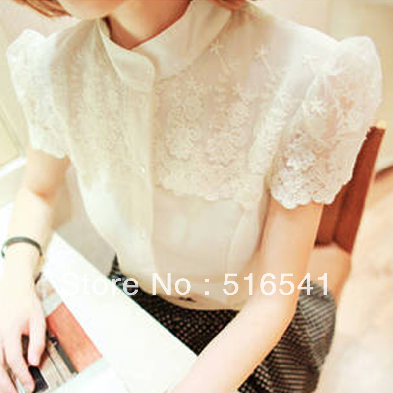 Free shippingKaka 2013 summer clothing new sweet to short-sleeved lace stitching princess sleeves chiffon shirt blouses women Sl