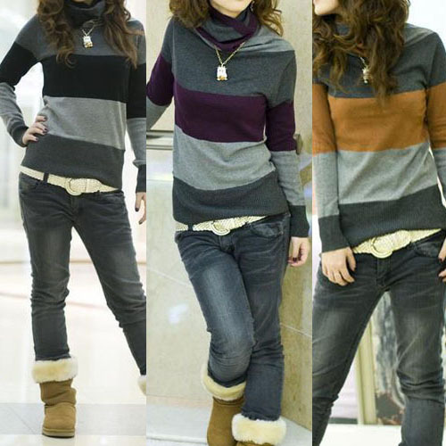 Free shippingNew Womens Fashion Piles Neck mixed color high collar knit bottom Sweater WS51