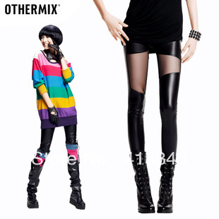 Free shippingOthermix fashion personality gauze black PU faux leather women's legging 12t10026