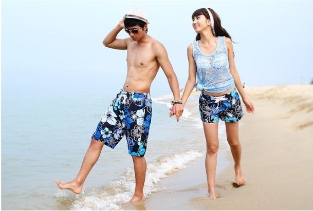free shippings the price of two pants blue flowers couple beach ladies/men shorts of beach style trousers in stock