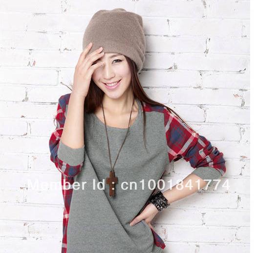 free shippingWomen Cotton Long Sleeve Shirt O-Neck Plaid Checks Print Casual Loose Top T-Shirt C-005