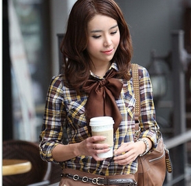 Free Shippng 2013  women Plus size cotton shirts, topshop  Plaid blouses for women 2013 +scarf