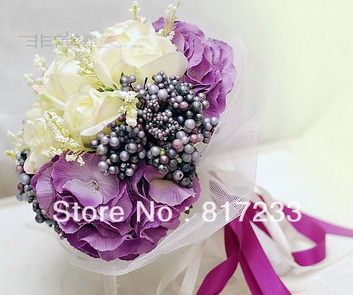 Free shippng New Bridal Bouquet Purple With Ivory Wedding Bouquet With Ribbon Bridal Bouquets With Gift >@@ttewgd