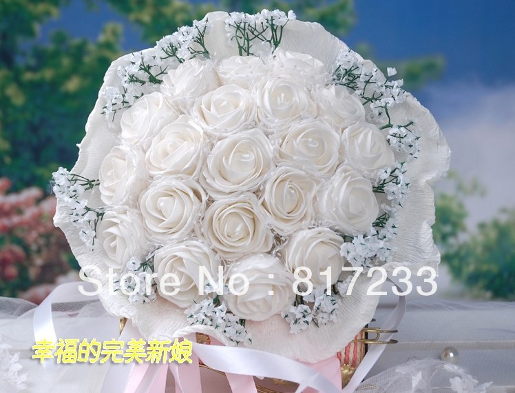 Free shippng New Bridal Bouquet White Rose Wedding Bouquet With Ribbon Bridal Bouquets With Gift >@@t34yjf