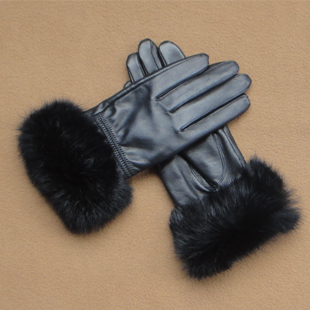 free shippng Winter women's sheepskin gloves velvet thermal women's leather gloves rabbit fur genuine leather sheepskin gloves