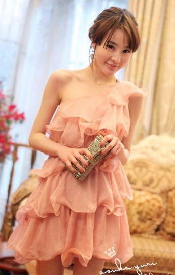 free shippping,hot sale women Asuka vivi flowers one shoulder oblique pink cake lovely one-piece dress WYL750