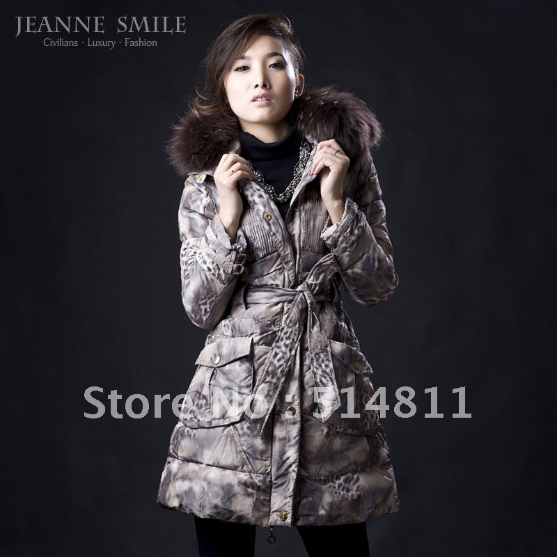 Free shoping  2012 new Fashion winter women down jacket long  fur leopard print hooded warm down coat