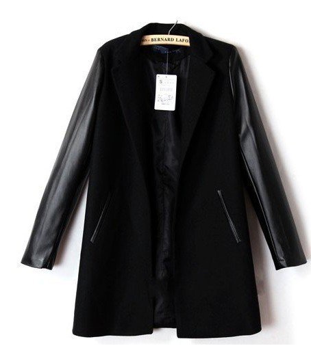 Free shoping Woman with long PU splicing wool coat female long windbreaker jacket TB 1882