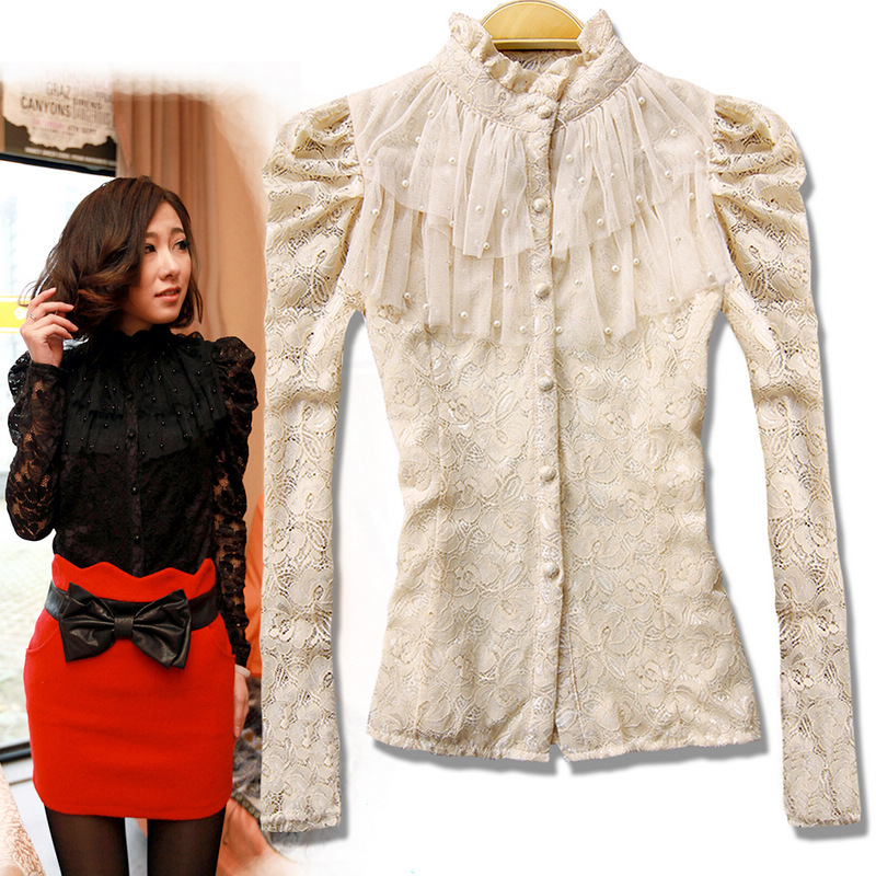 Free shopping 2012 spring shirt women's lace gauze single breasted leuconostoc puff sleeve shirt