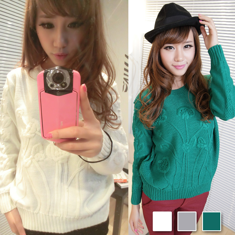 Free shopping 2012 women's vintage all-match three-dimensional flowers loose basic pullover sweater b89