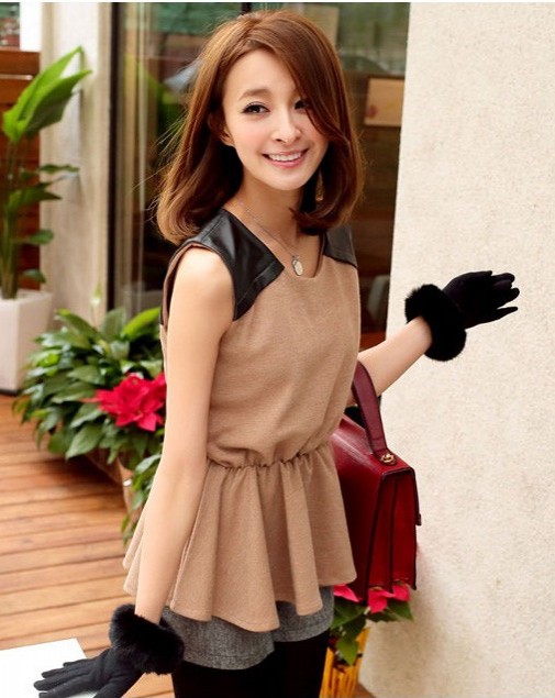 Free shopping 2013 spring and summer women's sleeveless o-neck patchwork leather pullover slim waist fashion t-shirt