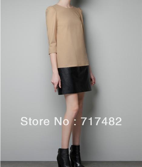 Free shopping + 2013 spring latest Europe and the United States big wind PU leather splicing dress wholesale