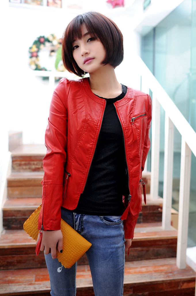 Free shopping 2013 spring women's long-sleeve o-neck zipper small full lace fashion leather clothing