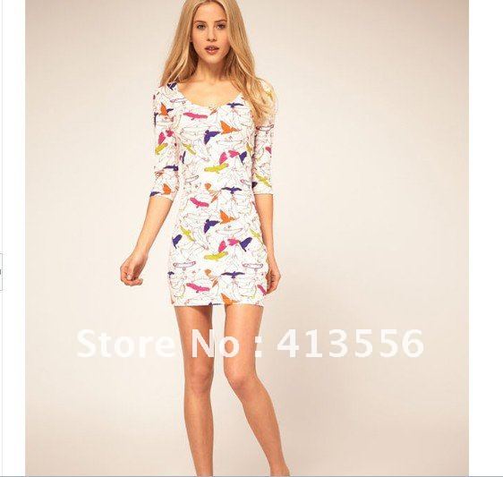 free shopping Factory direct 2012 spring and summer new European and American birds dress sleeve sleeve round neck dress  ow308