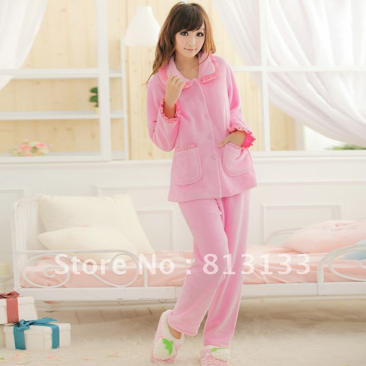 Free shopping! Front button sleep set lace sleepwear autumn and winter coral fleece set sleepwear female