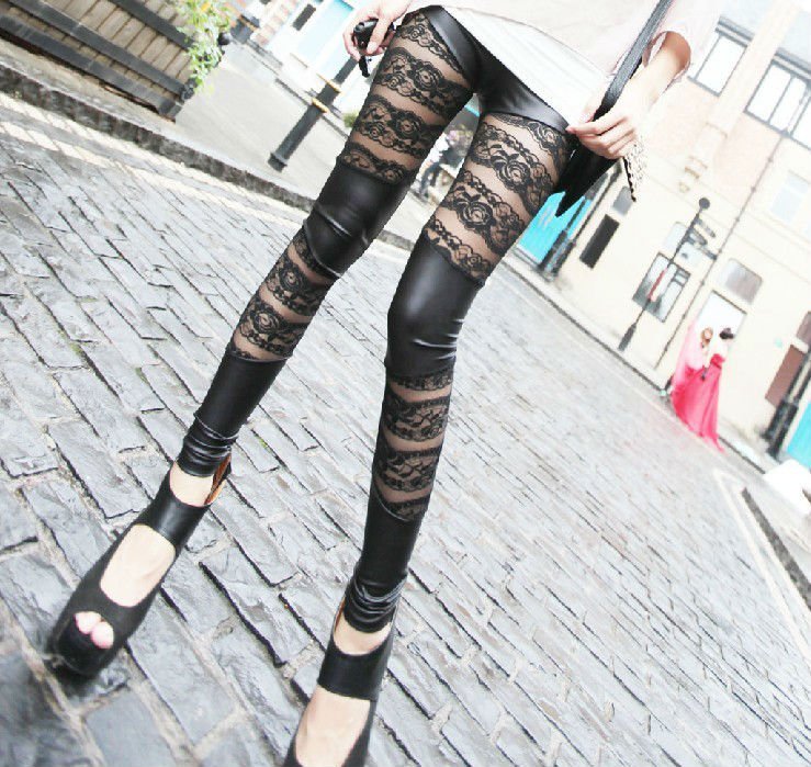 Free shopping,hot sexy high-end lace imitation leather patchwork tights leggengs.