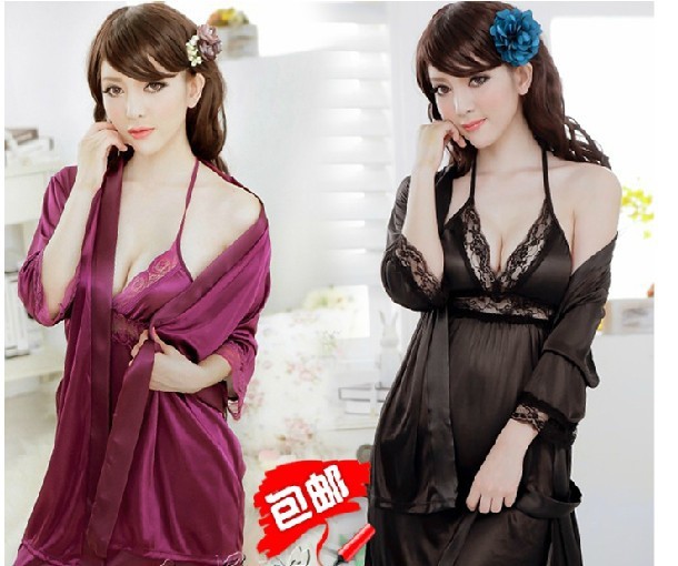 Free shopping lady's emulation silk temptation gown bath robe + nightgown two suit sexy translucent pajamas Black, purple
