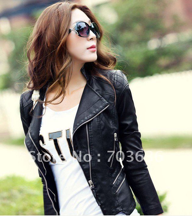 Free shopping Leather clothing   autumn outerwear short design slim motorcycle turn-down collar PU  women's jacket