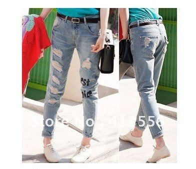 free shopping Leisure were thin pencil pants jeans old hole in jeans ow068