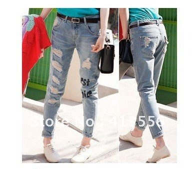 free shopping Leisure were thin pencil pants jeans old hole in jeans ow068