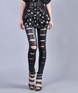 free shopping   personality trend of the product faux leather hole legging pants dull