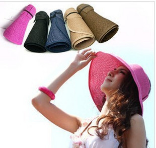 Free shopping Visor folding anti-uv stripe strawhat female summer large brim hat beach sun hat