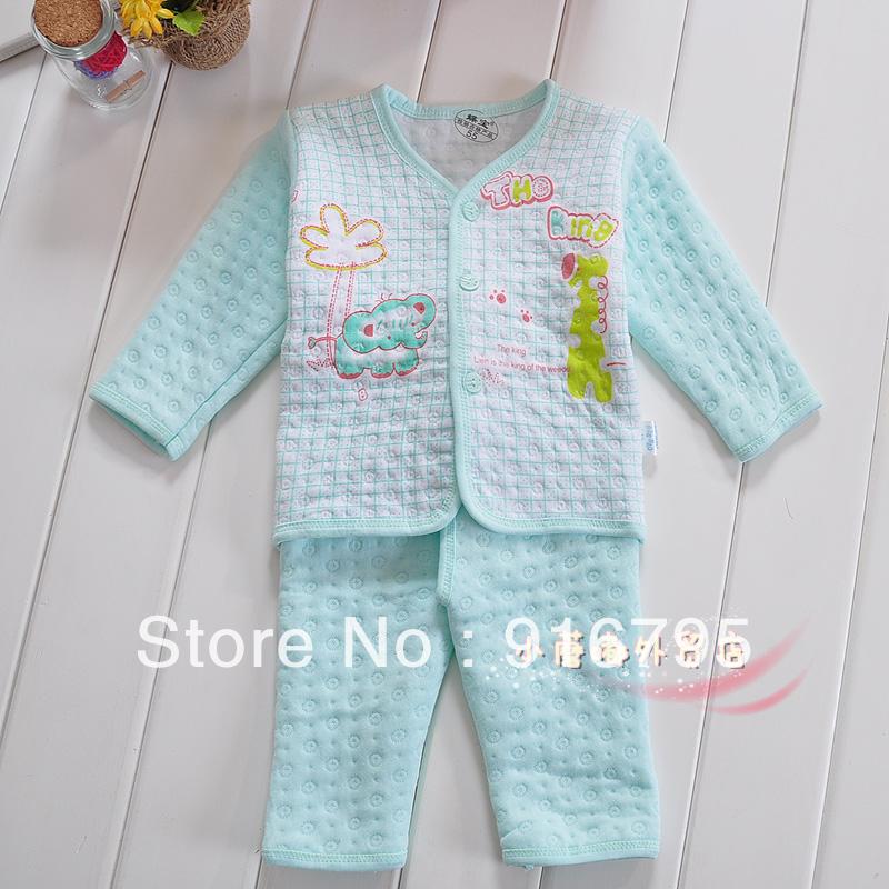 Free shopping  Winter 100% cotton  blue green cartoon graphic patterns cotton sweater set of underwear and underpants