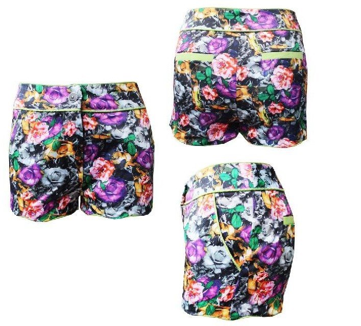 Free shopping Woman fashion fluorescent hit color flower shorts.TB 1810