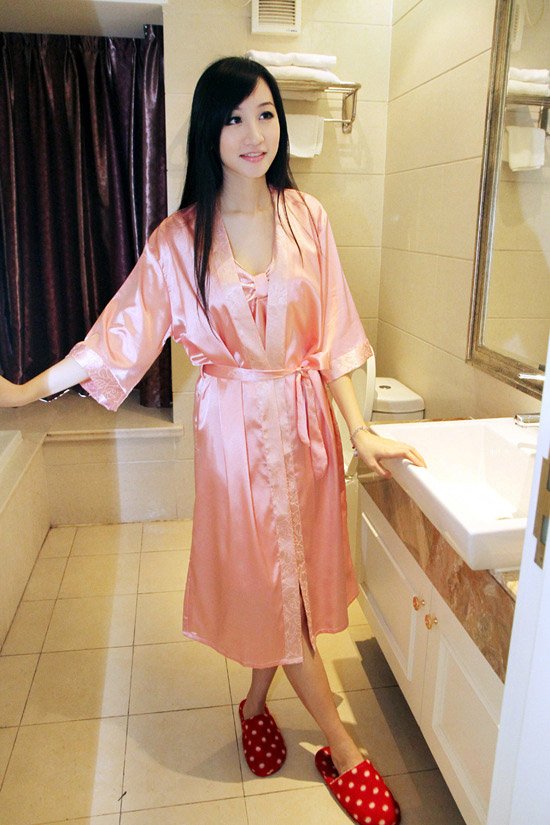 Free Shopping Women's Casual Two-piece Tracksuit Dress Silk Blend Robe Bathrobe Pajamas robe + Lingerie