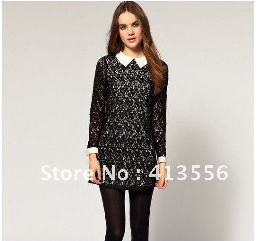 free shopping Women wholesale 2012 summer new lace lapel long-sleeved metal buckle double layer dress  ow307