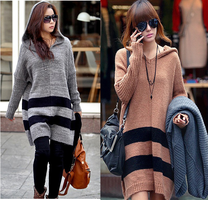 free shopping Wool cotton hybrid textile autumn winter women long sleeve stripe hoodie sweater dress wholesale