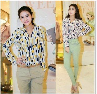 Free Shpping 2013  Spring and Autumn  New Chiffon Long Sleeve Women Printing Blouses,
