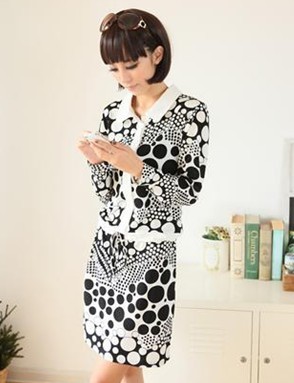 Free Shpping   Qian Yi Women 8043 black size dot printing lapel waist drawstring dress