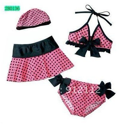 Free shupping ! Girl's swimsuits pink dot bow Girl's Bikini skirts suits baby Split swimsuits + Swimming cap 4pcs suit