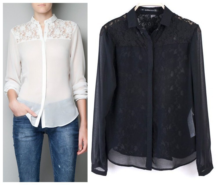 Free Sjhipping American and European Style 2012 women's lace cutout patchwork chiffon long-sleeve shirt  2 colours S,M,L size