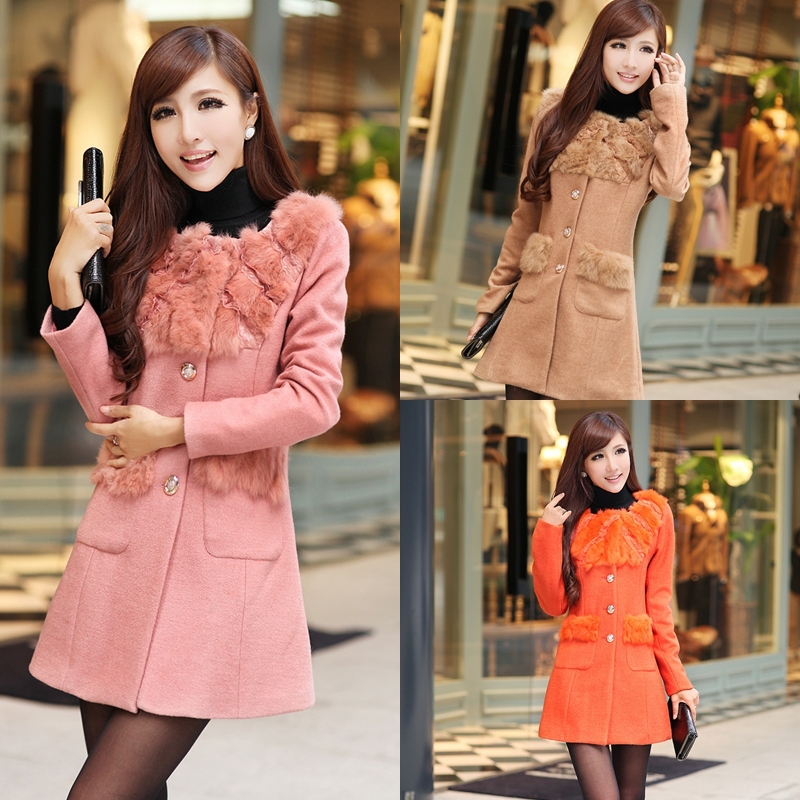 FREE Slim medium-long woolen trench rabbit fur woolen overcoat woolen overcoat outerwear female