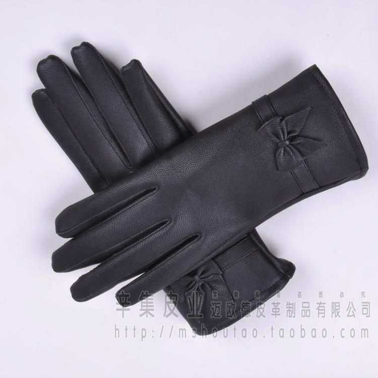 Freeish Women genuine leather gloves female winter outdoor thick thermal lengthen bow women's faux leather gloves female