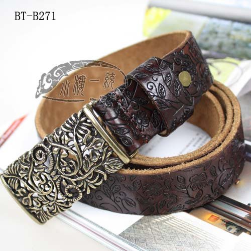 Freeship Women Brass Toned Buckle Tooled cow Leather Belt/genuine leather belt fashion Belts tBT-B271t