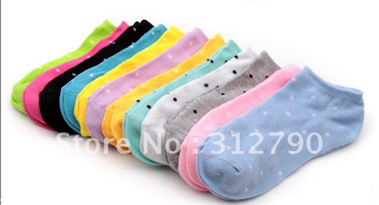 Freeshipping 12pairs/lot  New wholesale women cotton socks sports sock short socks with dot design multi-color Promotional gift