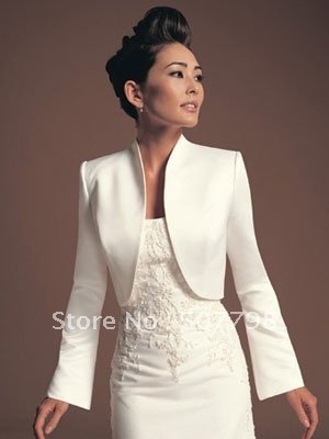 freeshipping 1pcs white satin long sleeves elegant bridal bolero,top quality jacket for evening dress,wedding Accessories