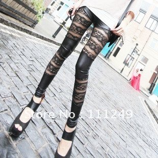 Freeshipping (1piece/lot) High-end lace leather-bar double stitching nine points leggings roses Leggings