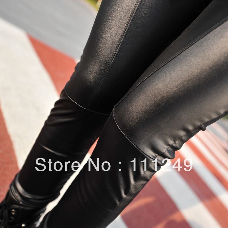 Freeshipping (1piece/lot) Korea's new leather stitching Leggings super skinny nine pants imitation leather pants