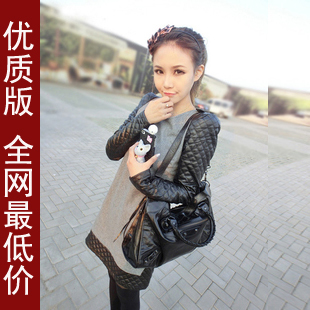 Freeshipping 2012 autumn and winter woolen one-piece dress patchwork leather shoulder pads small long-sleeve dress skirt IVU