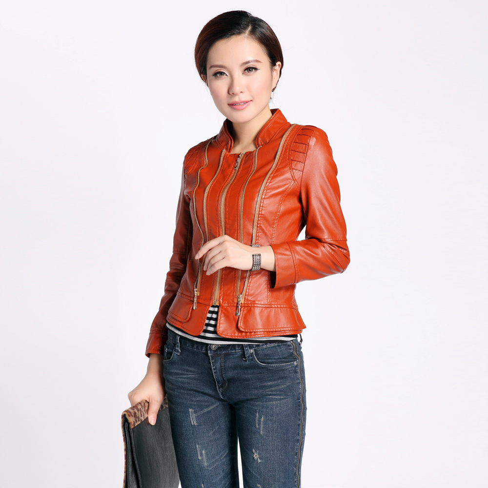 FreeShipping 2012 autumn stand collar zipper slim small leather clothing short jacket leather coat