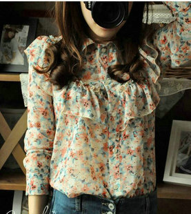 Freeshipping 2012 chiffon vintage ruffle rustic puff long-sleeve chiffon shirt female
