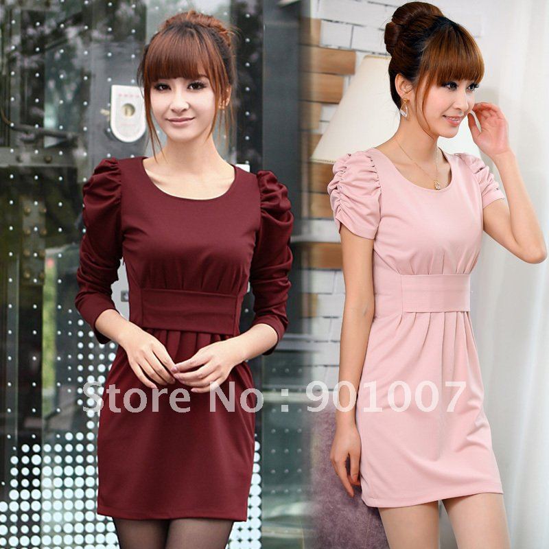 Freeshipping 2012 elegant puff sleeve office ladies slim hip skirt knitted short and long sleeve career dress women QCX301