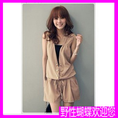 Freeshipping 2012 fashion loose mid waist one piece suspenders shorts women sleeveless drawstring double breasted