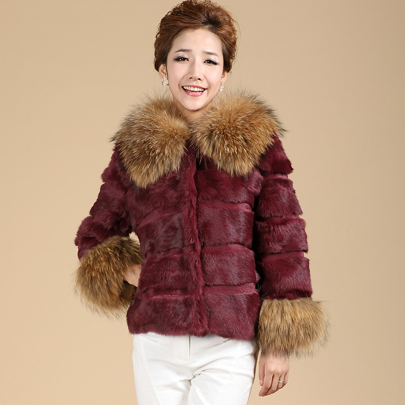 Freeshipping 2012 large raccoon fur rabbit fur coat short design hooded female