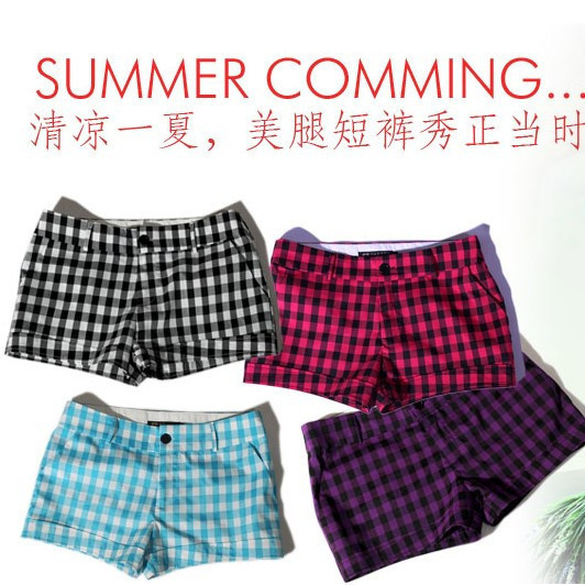 Freeshipping 2012 new fashion summer casual short sweet allmatch elastic cotton hot plaid shorts candy color red bule/purple/D38